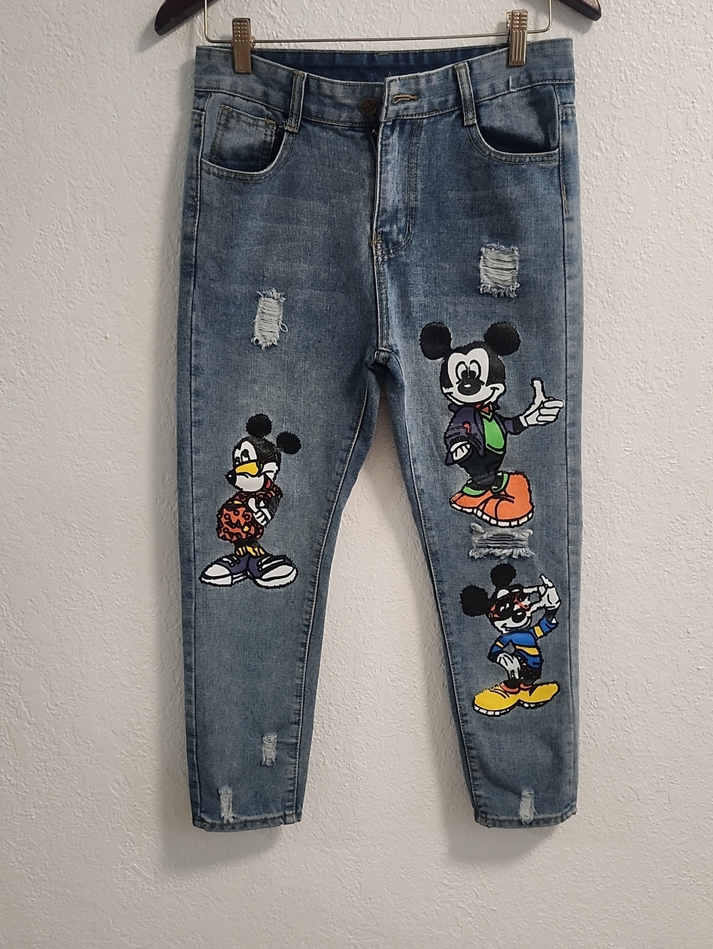 Women’s Distressed Blue Denim Capris with Colorful Cartoon Patches